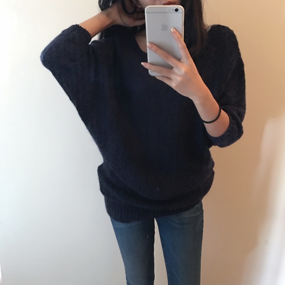 Dark blue off shoulder two way sweater